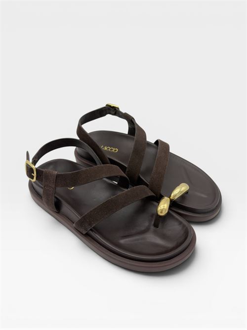 Sandali marroni bassi con dettaglio oro da donna IL LACCIO | F8221CAMOSCIOBROWN